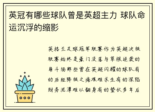 英冠有哪些球队曾是英超主力 球队命运沉浮的缩影